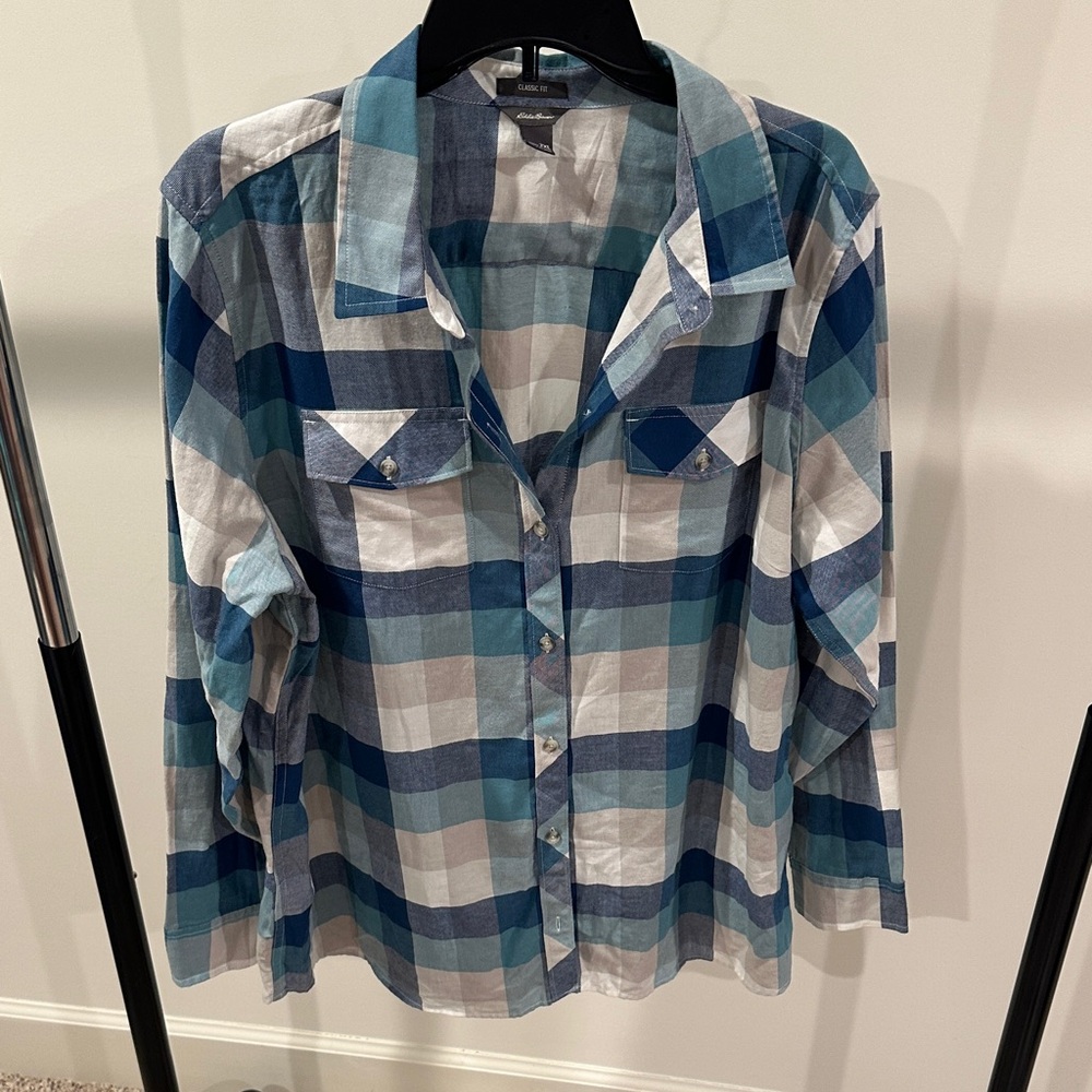 Eddie Bauer Blue and White Plaid Button-Up Shirt XXL